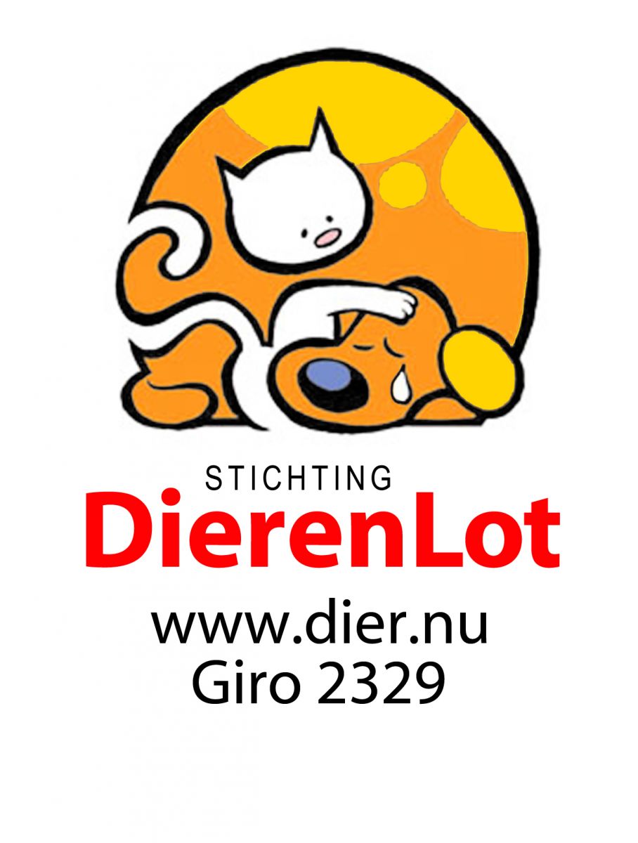Het logo van Stichting DierenLot met hun website en Giro nummer.